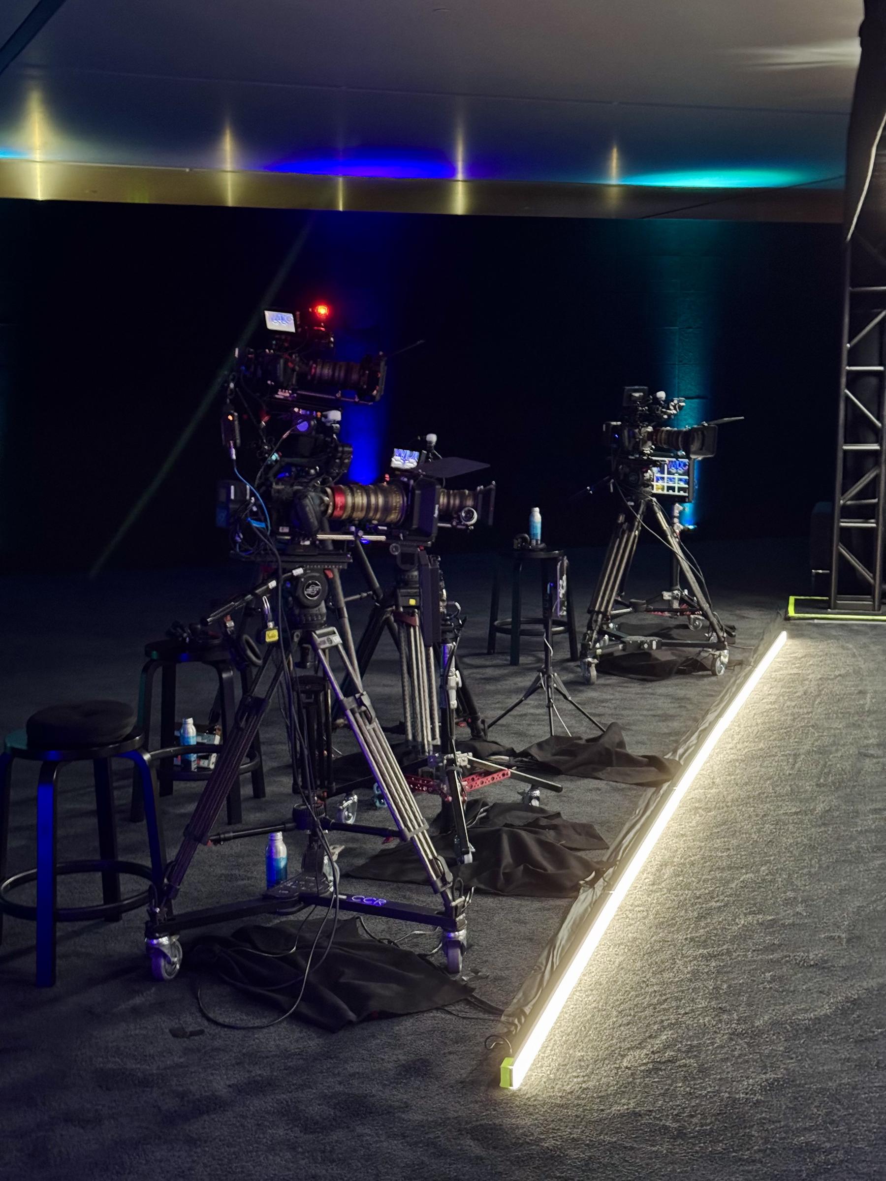 Broadcast television cameras set up at Apple Park, Cupertino