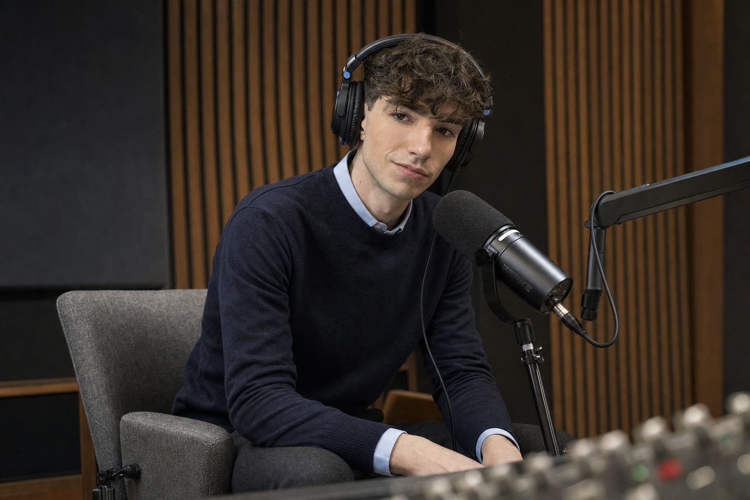 Hartley Charlton recording The MacRumors Show podcast in the studio