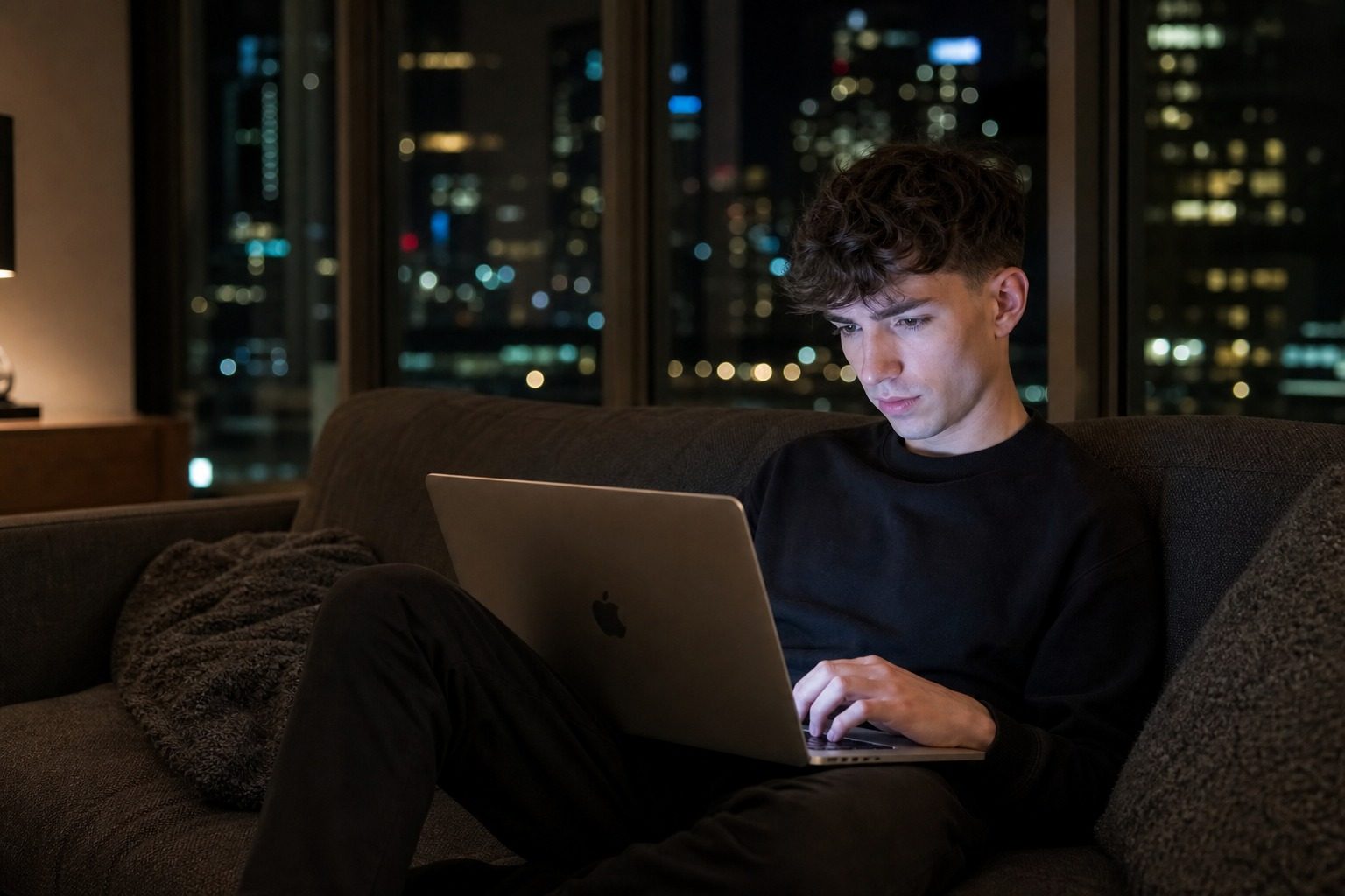 Hartley Charlton writing on a MacBook at night, a city skyline behind him